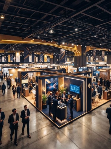 A prestigious business exhibition hall with warm gold lighting, elegant corporate exhibition stalls, professional banners, wide-angle lens