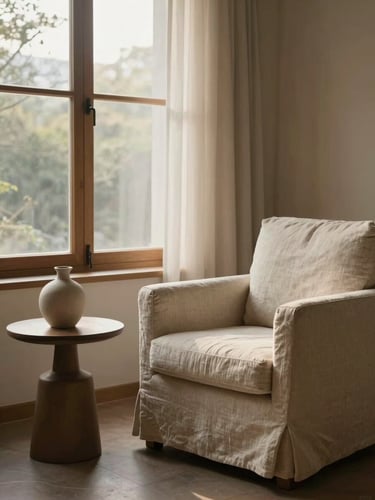 Wide environmental shot of a serene, warm therapeutic room with a comfortable linen armchair next to a large window, soft morning daylight filtering through, minimalist ceramic vase on a side table, calm atmosphere.