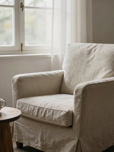 Soft diffused daylight filtering through a window onto an empty, elegant linen armchair, a ceramic cup on a low wooden side table, minimalist serene atmosphere.