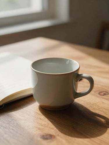 Close-up of a ceramic cup resting on a wooden table beside an open notebook, soft morning light filtering through a window casting gentle shadows, serene and warm atmosphere.