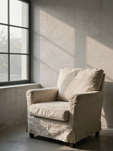 A quiet therapeutic room with a comfortable linen armchair next to a large window, soft morning light casting gentle shadows on a light concrete wall