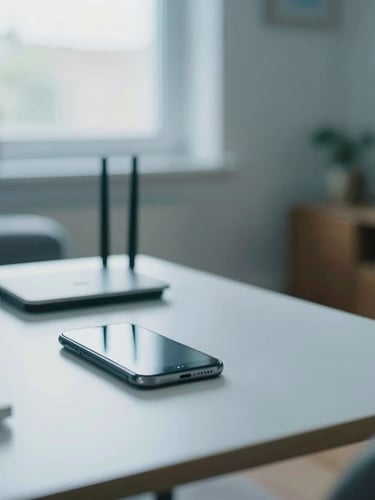 A modern UK living room with soft natural overcast daylight, a clean desk with a smartphone and a broadband router, shallow depth of field, 35mm