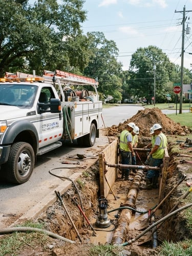 Wide environmental shot of a branded white utility truck parked beside a municipal water main excavation site in North Carolina, bright daylight, sharp industrial details, 35mm.