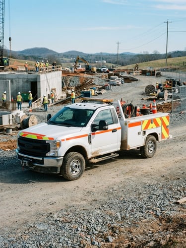 A sharp industrial photograph of a white Griffin utility vehicle with safety-orange stripes parked at a North Carolina infrastructure site, bright natural daylight, 35mm