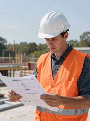A licensed engineer in a high-visibility orange vest and white hardhat checking technical blueprints on a metal clipboard at a North Carolina construction site, bright natural daylight, 35mm