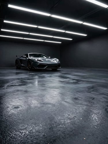 Low-angle dramatic shot of a finished dark charcoal epoxy garage floor, reflecting overhead linear LED lights, a high-end sports car parked in the background, sharp focus, 35mm lens.
