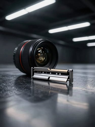 Low-angle macro detail shot of a high-gloss dark charcoal floor reflecting overhead linear LED lights, razor-sharp focus, dramatic industrial photography, 35mm lens