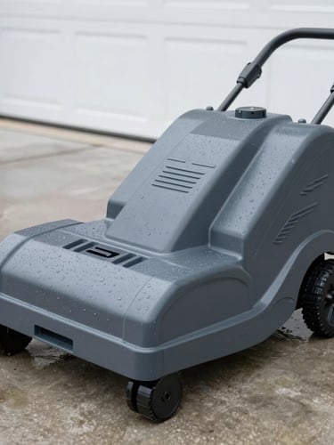 Sharp industrial product photography, bright natural daylight, high-contrast detail of a dark grey polymer robot mower garage standing on wet concrete, rain droplets visible, 50mm