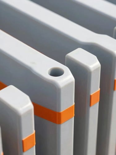 Industrial product photograph of a heavy-duty interlocking polymer joint, bright natural daylight highlighting the clean edges and structural orange safety accents.