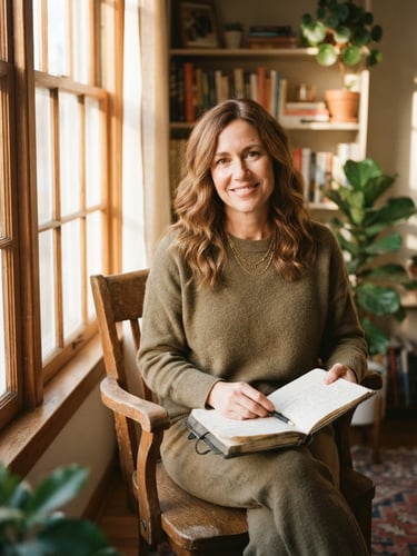 A relaxed portrait of a life coach sitting in a warm wooden chair next to a window with soft afternoon light, holding a notebook, earthy tones, 35mm film look