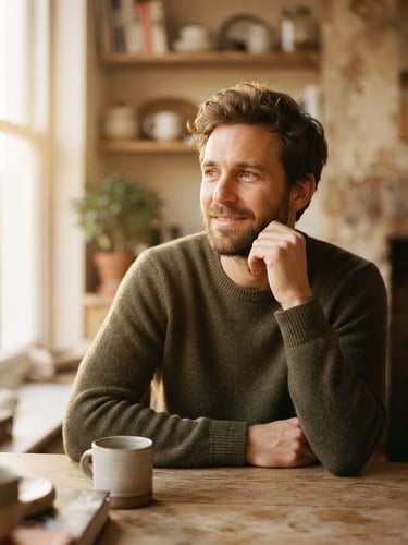 Close-up portrait of Leo, a warm and relaxed man in his late 30s, sitting in a sunlit room with earthy tones, looking thoughtfully off-camera, shallow depth of field, warm golden-hour light