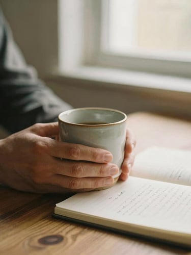 Hands holding a ceramic mug on a wooden table, soft light from a window, open notebook with hand-written notes nearby, warm editorial photography