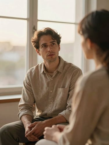 Medium shot of a life coach listening intently during a session, natural posture, soft golden hour light, warm editorial style, shallow depth of field.