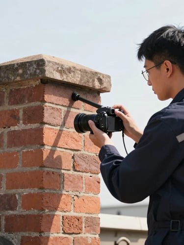 Crisp editorial photograph, bright natural daylight, a technician in a dark navy uniform inspecting a clean brick chimney flue with a professional camera probe, high-detail focus on tools.