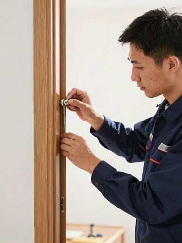 Medium shot of a professional technician in a clean navy uniform repairing a wooden door frame, bright afternoon sun, high-detail documentary style.