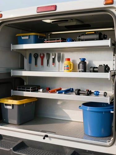 Crisp documentary shot of a clean, organized Flue and Foundation service truck, tools neatly arranged in custom racks, bright afternoon sun.
