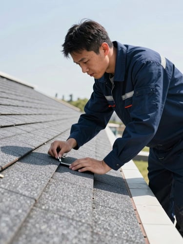Medium-close action shot of a professional technician in a clean navy uniform inspecting roof shingles on a bright, sunny afternoon.
