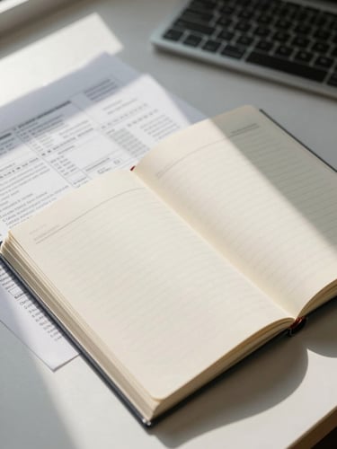 Close-up overhead view of an organized accounting desk — open ledger, tax documents spread under natural window light, a keyboard visible at the edge, no people present