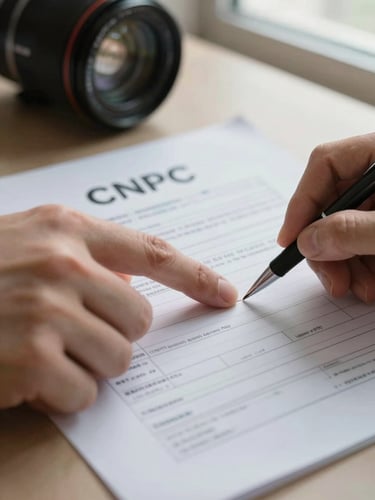 Close-up of hands reviewing a printed CNPJ registration form on a desk under soft natural window light, fingers pointing to a line of text, pen visible nearby