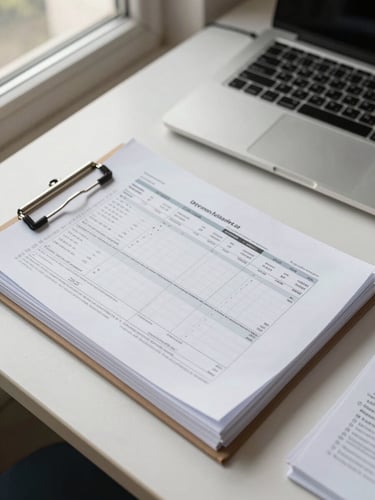 Overhead tight shot of organized office documents — a stack of fiscal forms clipped together beside a laptop keyboard on a light desk surface, natural window light from the left