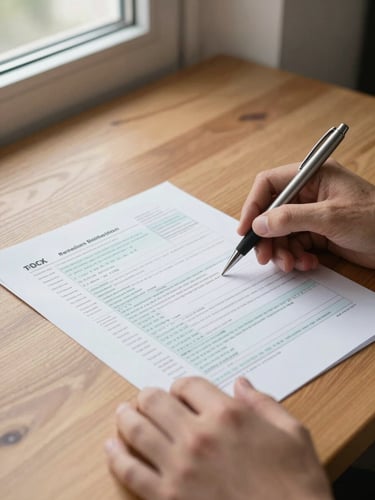 Tight shot of hands reviewing a printed tax form on a wooden desk, pen resting beside the document, soft natural sidelight from a nearby window, no faces visible