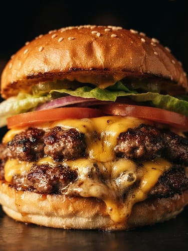 Dramatic close-up of a premium double-patty cheeseburger with melting cheese and golden-hour side lighting, rich dark background, macro depth of field