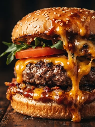 Dramatic close-up of a melting cheeseburger with dripping sauce, warm side lighting, rich saturated dark tones, macro depth of field