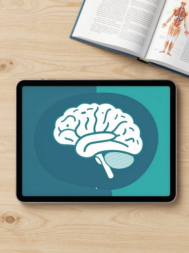 Top-down flat-lay of a digital design tablet displaying a vector brain diagram, alongside an open human anatomy textbook on a clean wooden desk, bright clinical study light