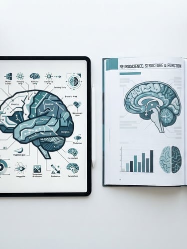 Top-down flat-lay of a digital design tablet displaying a detailed vector brain map with high-contrast teal and slate blue labels, next to an open neuroscience textbook on a clean white desk, bright clinical lighting.