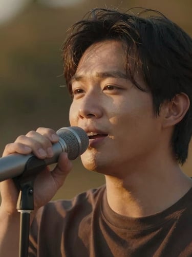 Close-up of a vocalist mid-song, natural expression, warm golden-hour light, soft background, authentic emotion