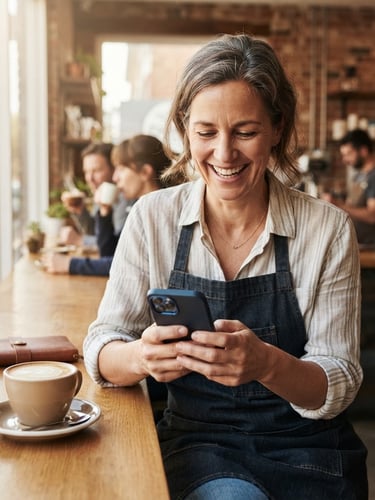 A medium close-up of a local coffee shop owner smiling while looking at a smartphone, warm morning window light, high-contrast clean composition, 50mm lens
