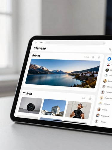Crisp modern workspace setup with a clean UI dashboard visible on a tablet screen, soft natural window light, editorial lifestyle photography, 50mm lens.