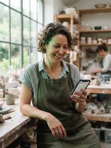 Medium close-up of a local business owner in a modern workshop holding a mobile phone displaying a clean WhatsApp chat interface, bright natural window light with subtle green screen glow, editorial lifestyle photography, 50mm lens.