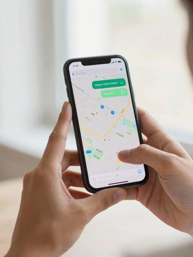 Close-up of hands holding a smartphone displaying a localized map and a WhatsApp chat bubble, warm ambient lighting, clean modern aesthetic.