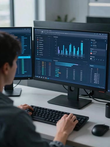 Over-the-shoulder workspace view of a digital analyst reviewing high-contrast data dashboards on multiple screens, cool crisp studio lighting, deep blue and slate tones, 35mm