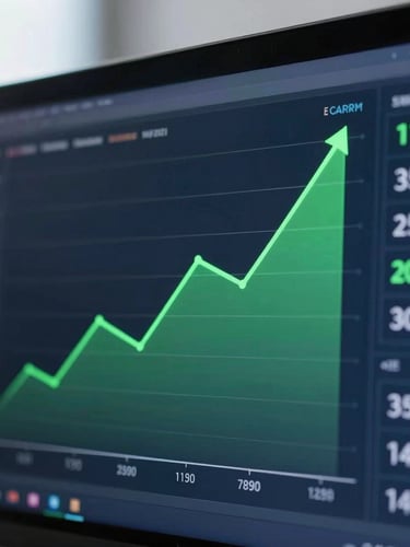 A close-up of a high-contrast digital dashboard on a screen, showing sharp green upward trend lines and conversion metrics, cool studio lighting