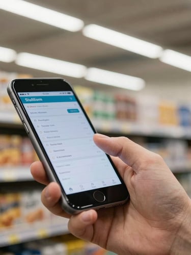 A close-up of a hand tapping a phone screen next to a stack of retail inventory under bright fluorescent overhead shop lighting, showing a crisp billing interface.