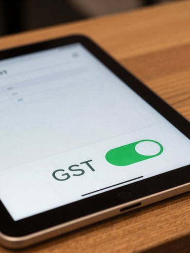Close-up of a tablet screen displaying a minimalist checkout interface with a prominent green toggle switch labeled GST on a wooden counter