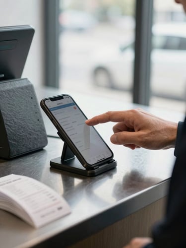 A close-up photograph of a merchant's hand tapping a smartphone screen on a metal checkout counter, bright natural window light, crisp slate-gray tablet stand visible next to a stack of paper receipts.