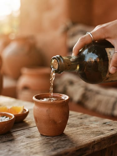 Close-up of a hand pouring artisanal mezcal into a traditional clay copita, warm afternoon golden-hour light, rich terracotta background, 35mm food photography