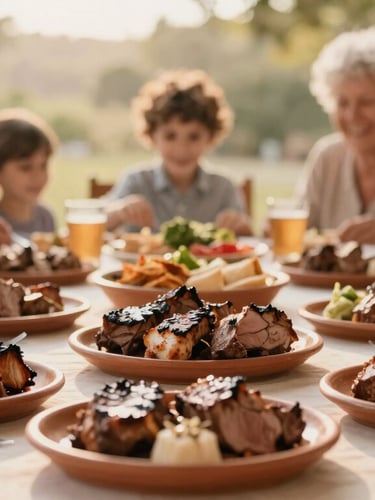 Warm family gathering around a large table, terracotta platters of grilled meats, soft natural daylight, smiling elderly and children blurred in background