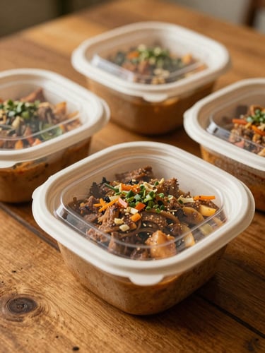 Warm Mexican food packaged in premium containers on a rustic wooden table, natural golden-hour light, close-up, 35mm
