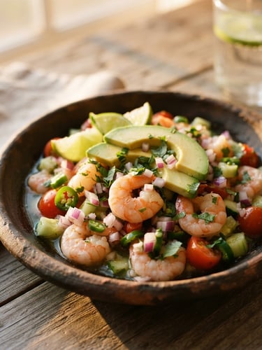 Close-up of fresh Mexican shrimp ceviche with lime slices and avocado on a rustic clay plate, warm golden hour sunlight, 35mm food photography