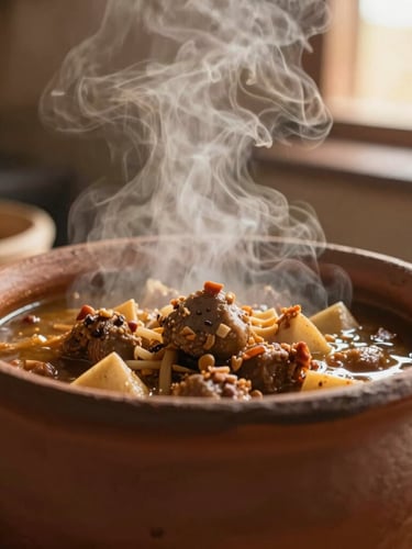 A close-up portrait of traditional Michoacan stew cooking in a clay pot, soft natural light, warm steam rising, rustic kitchen background, 35mm