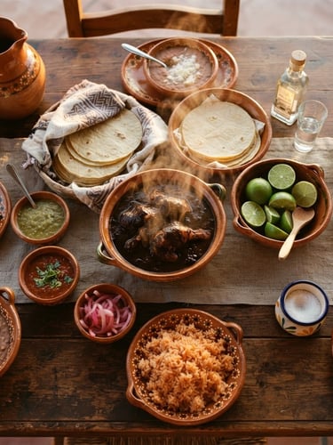 Cenital view of a rustic table with steaming warm dishes, fresh limes, and handmade tortillas, warm golden hour light, 35mm