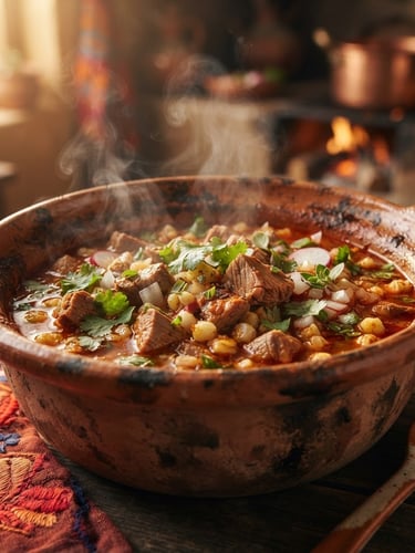 Close-up of a steaming traditional Michoacan pork stew in a rustic clay pot, soft golden hour light, rich terracotta tones, warm editorial food photography, shallow depth of field, 35mm