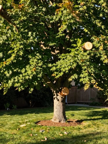 A pristine residential backyard in Boise after a major tree pruning job, clean cuts visible on a mature maple tree, no debris on the lawn, sharp morning light, 35mm.