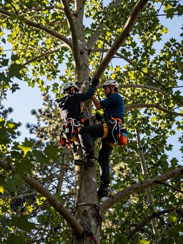 Low-angle shot of a certified arborist in safety gear climbing high in a mature cottonwood tree in Boise, crisp morning sunlight, deep forest greens and safety amber details, 35mm