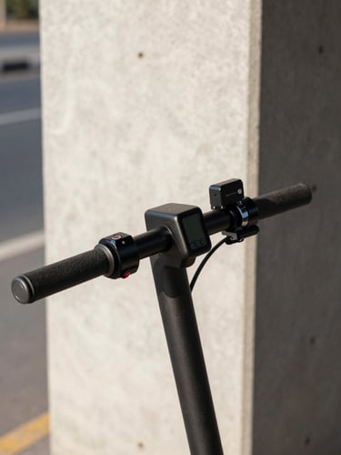 Close-up side profile of a modern electric scooter handlebar with digital display, parked against a clean concrete metro pillar in Jaipur, sharp morning light.