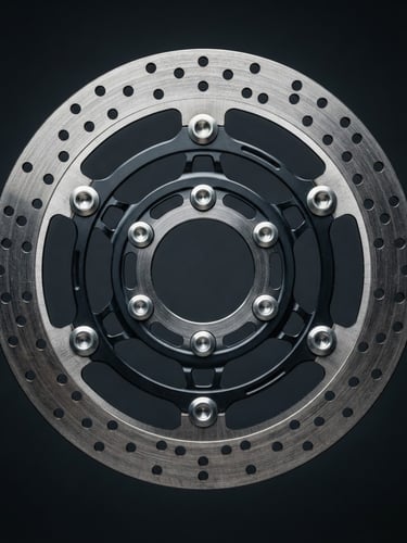 Close-up of a high-performance motorcycle brake rotor, metallic highlights, deep charcoal background, sharp product photography, 50mm lens